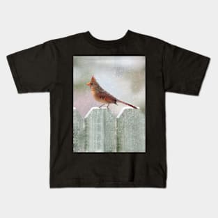 Female Cardinal Snowy Day Kids T-Shirt